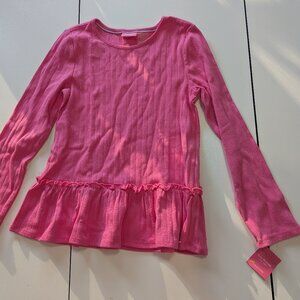 Isaac Mizrahi Pink Long Sleeve Girls Top w/ Ruffle Hem, Heart Knit Detail